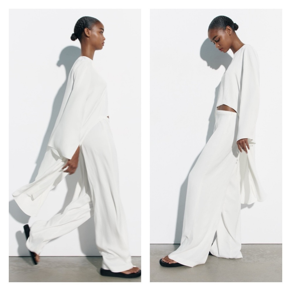 Zara White Asymmetrical Crop Top Long Sleeve Minimal Chic Medium NWT - Picture 5 of 8